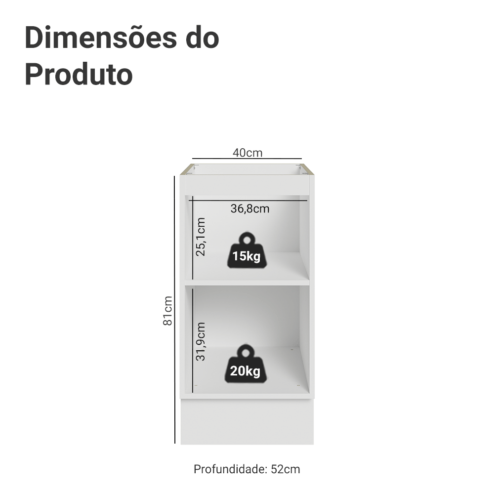 Balcão de Cozinha 40 cm 1 Porta (Sem Tampo) Branco/Cinza Vik Madesa