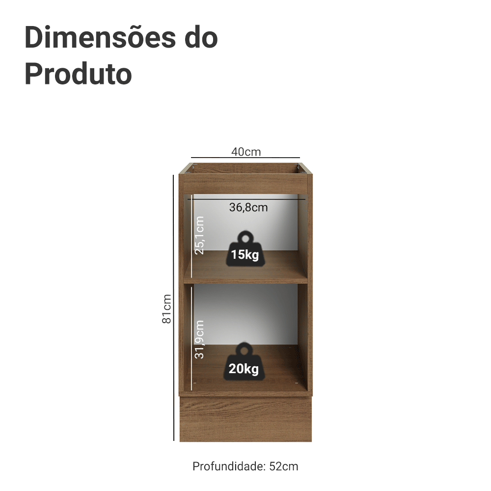 Balcão de Cozinha 40 cm 1 Porta (Sem Tampo) Rustic/Verde Vik Madesa