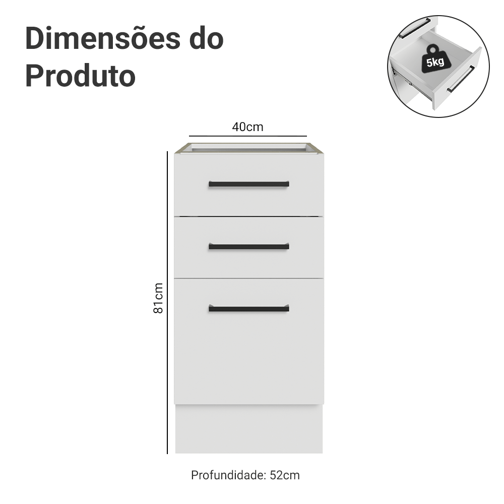 Balcão de Cozinha 40 cm 3 Gavetas (Sem Tampo) Branco Agata Madesa