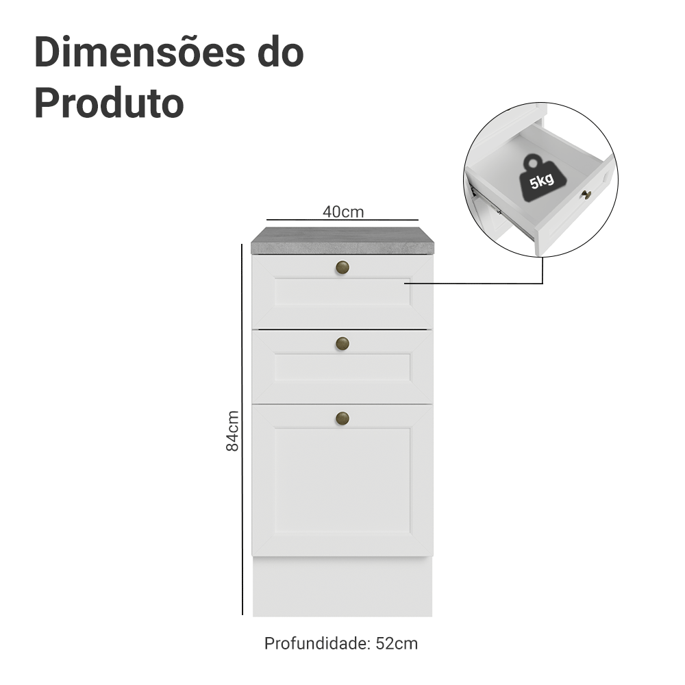 Balcão de Cozinha 40 cm 3 Gavetas Branco Vik Madesa