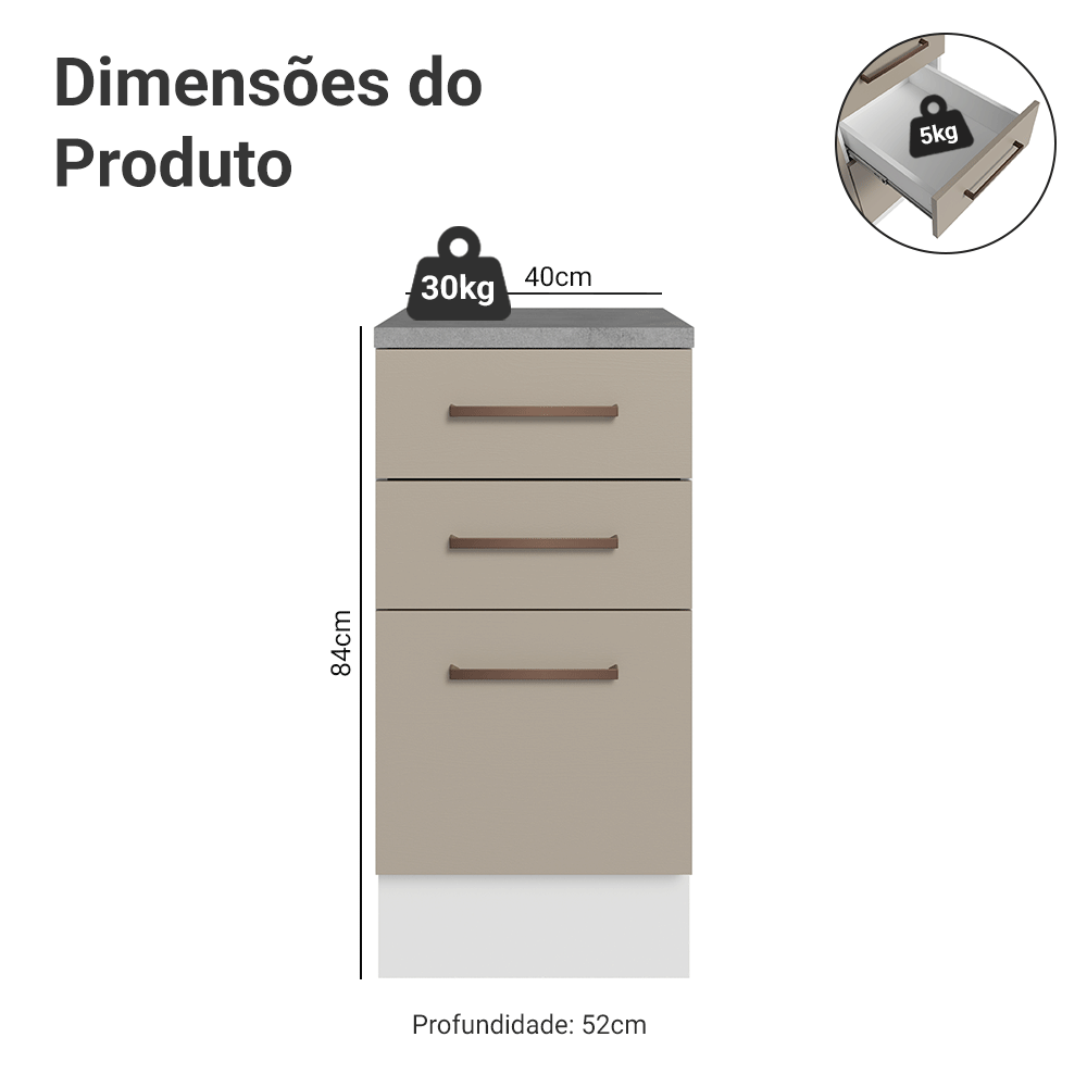 Balcão 40 cm 3 Gavetas Branco/Crema Agata Madesa