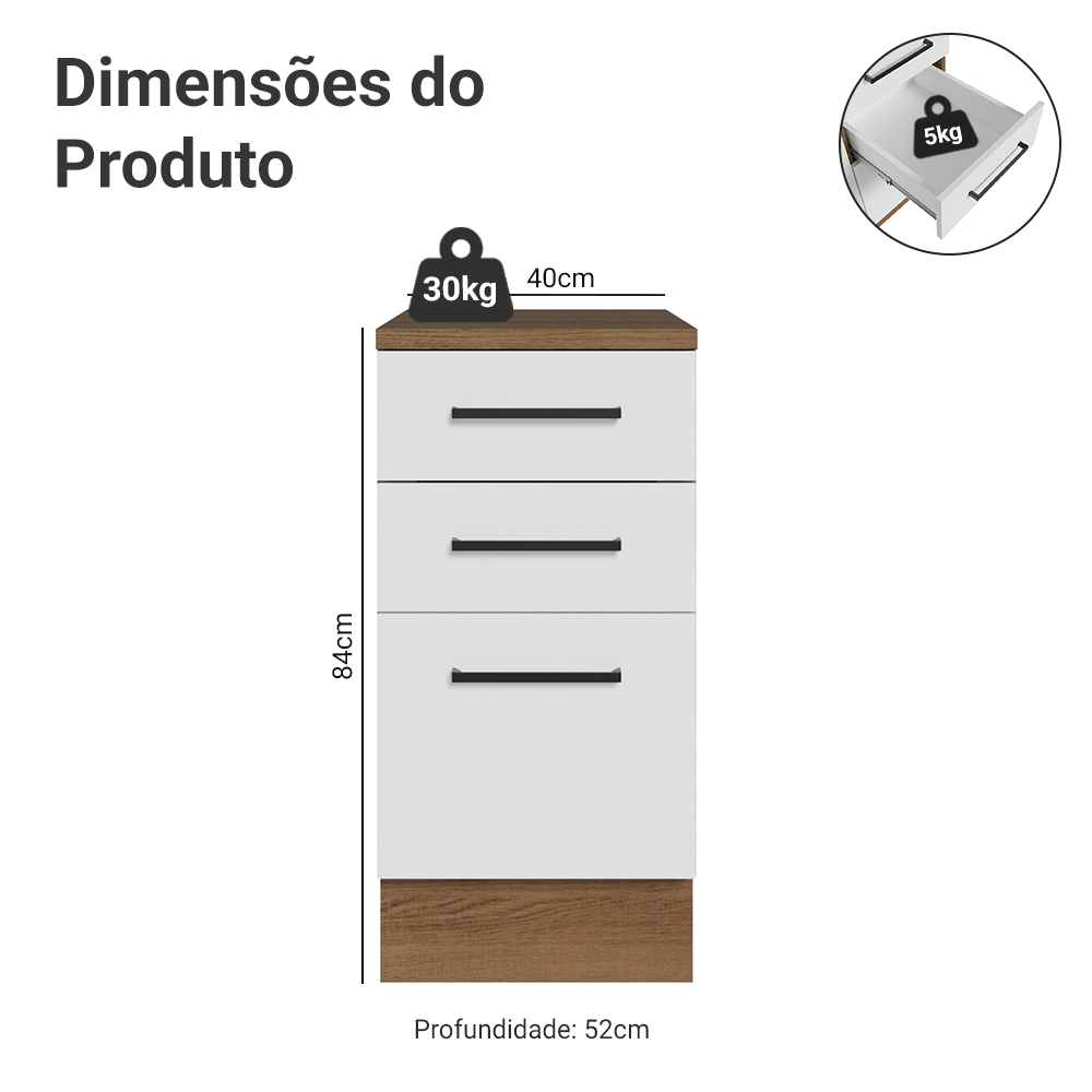 Balcão Madesa Agata 40 cm 3 Gavetas Rustic/Branco