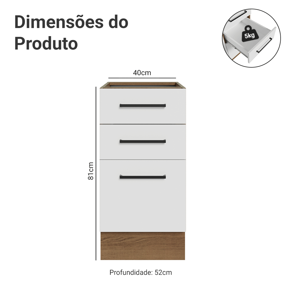 Balcão de Cozinha 40 cm 3 Gavetas (Sem Tampo) Rustic/Branco Agata Madesa