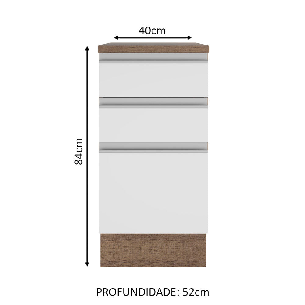Balcão Madesa Glamy 40 cm 3 Gavetas Rustic/Branco