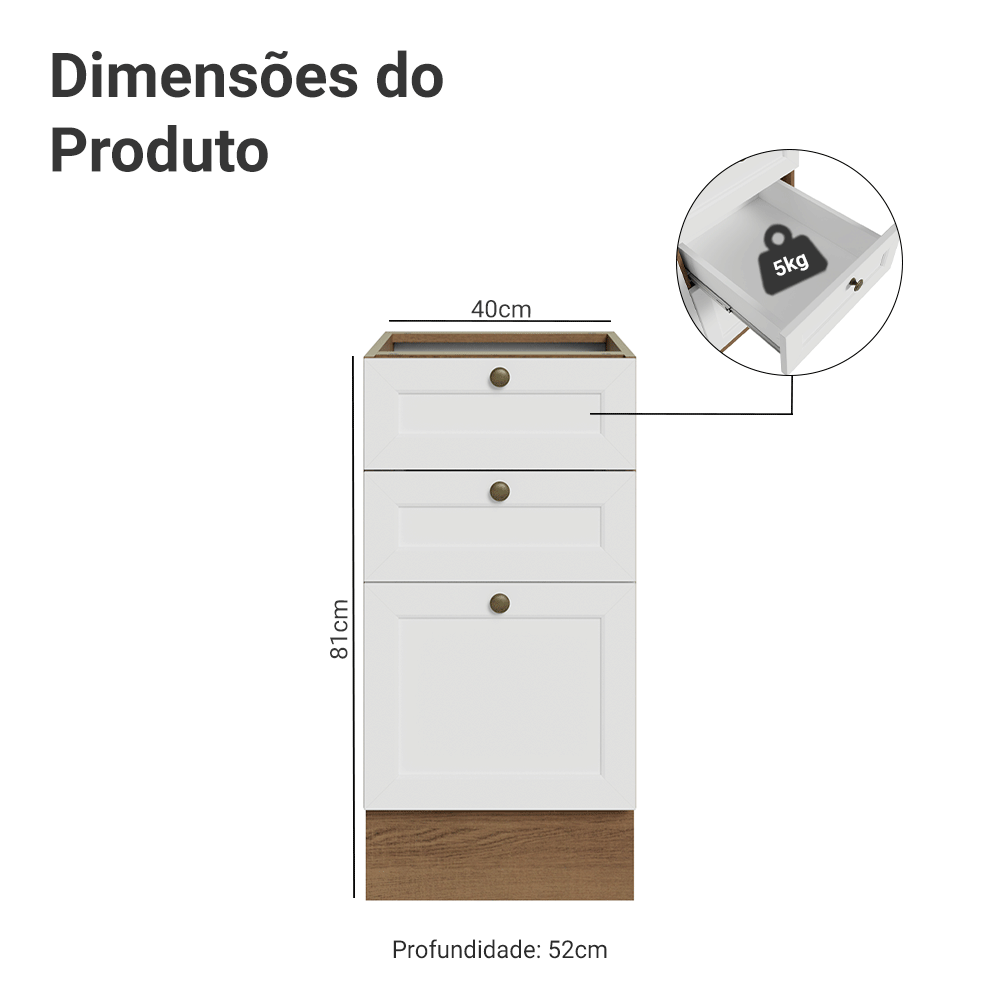 Balcão de Cozinha 40 cm 3 Gavetas (Sem Tampo) Rustic/Branco Vik Madesa