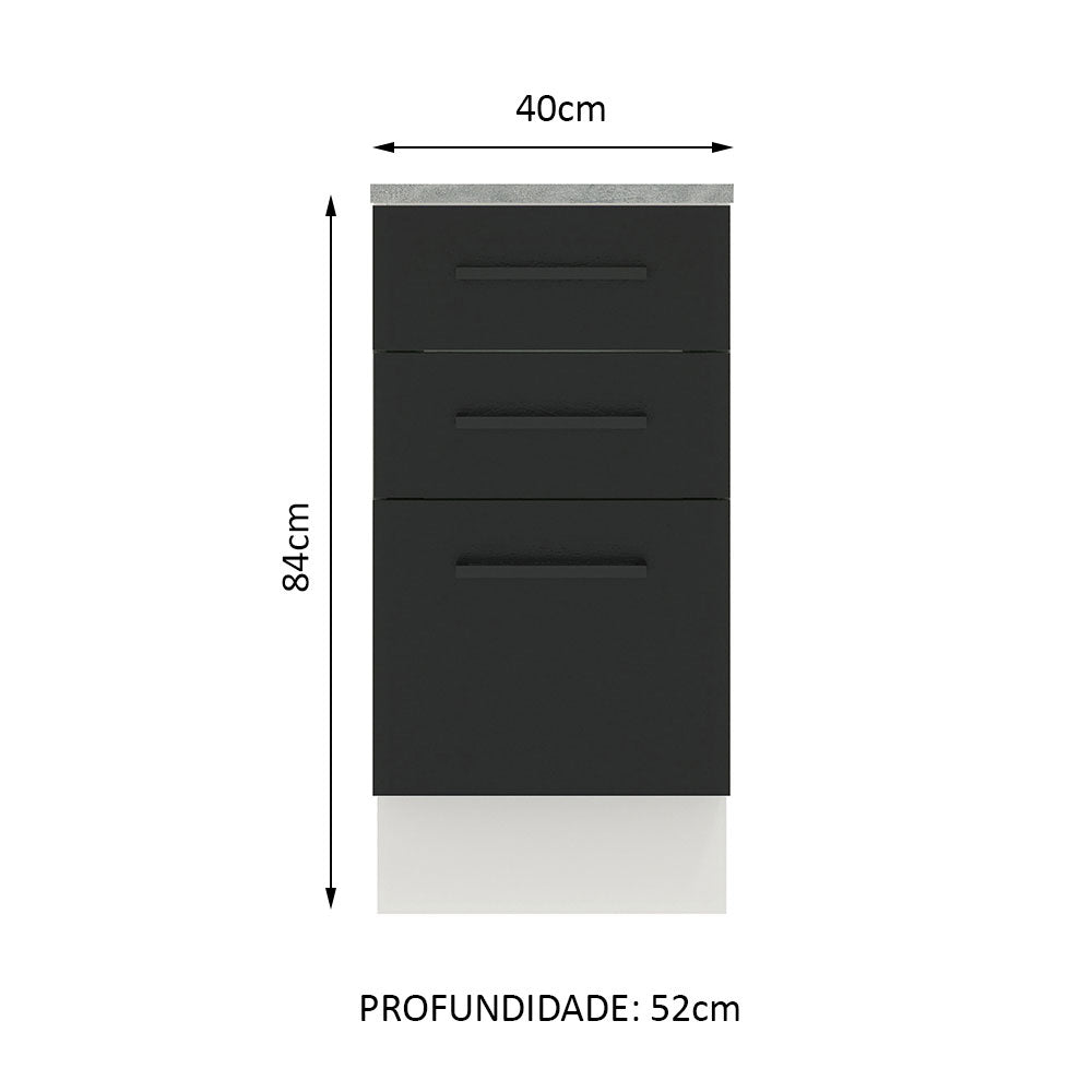 Balcão Madesa Agata 40 cm 3 Gavetas Branco/Preto