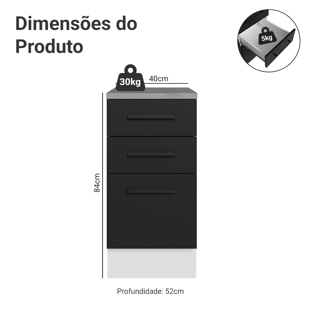 Balcão Madesa Agata 40 cm 3 Gavetas Branco/Preto