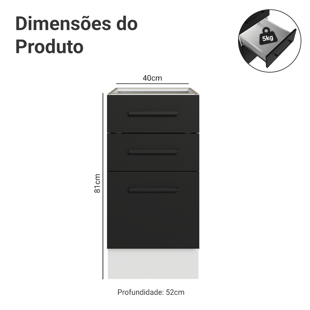 Balcão de Cozinha 40 cm 3 Gavetas (Sem Tampo) Branco/Preto Agata Madesa