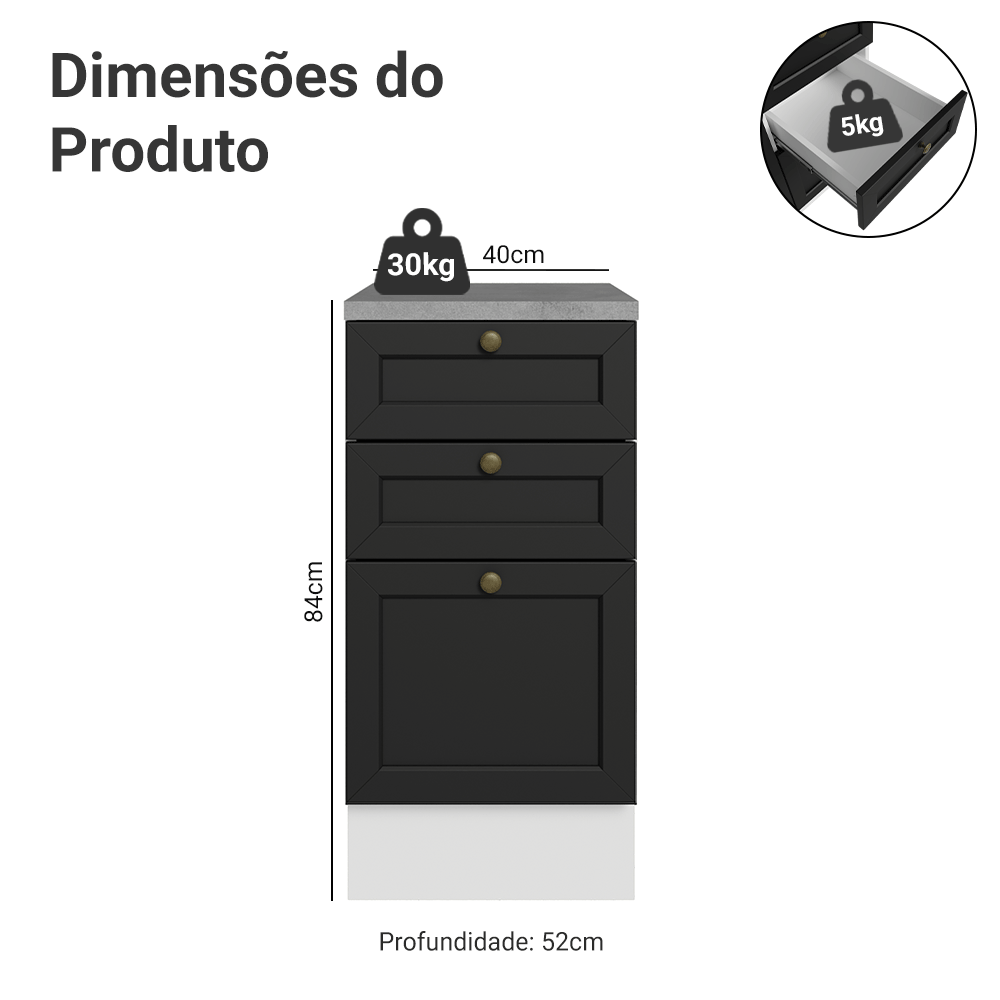 Balcão de Cozinha 40 cm 3 Gavetas Branco/Preto Vik Madesa