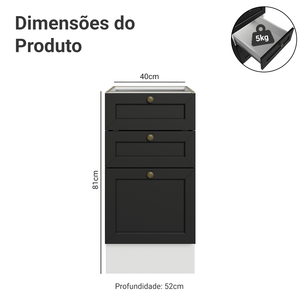 Balcão de Cozinha 40 cm 3 Gavetas (Sem Tampo) Branco/Preto Vik Madesa