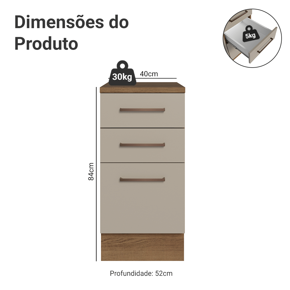 Balcão 40 cm 3 Gavetas Rustic/Crema Agata Madesa