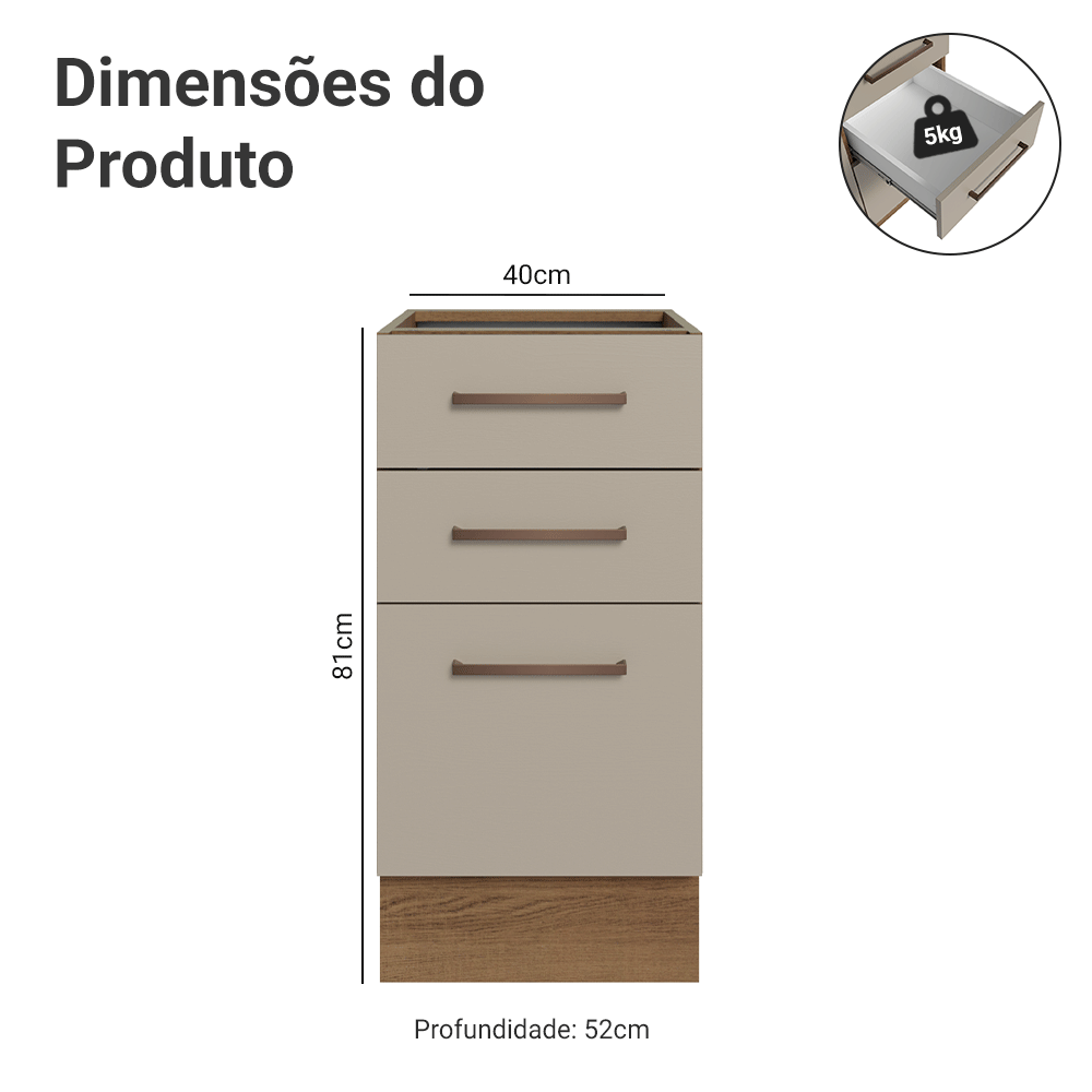 Balcão de Cozinha 40 cm 3 Gavetas (Sem Tampo) Rustic/Crema Agata Madesa