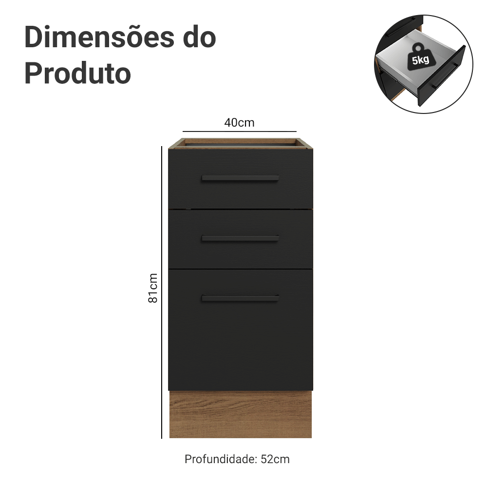 Balcão de Cozinha 40 cm 3 Gavetas (Sem Tampo) Rustic/Preto Agata Madesa