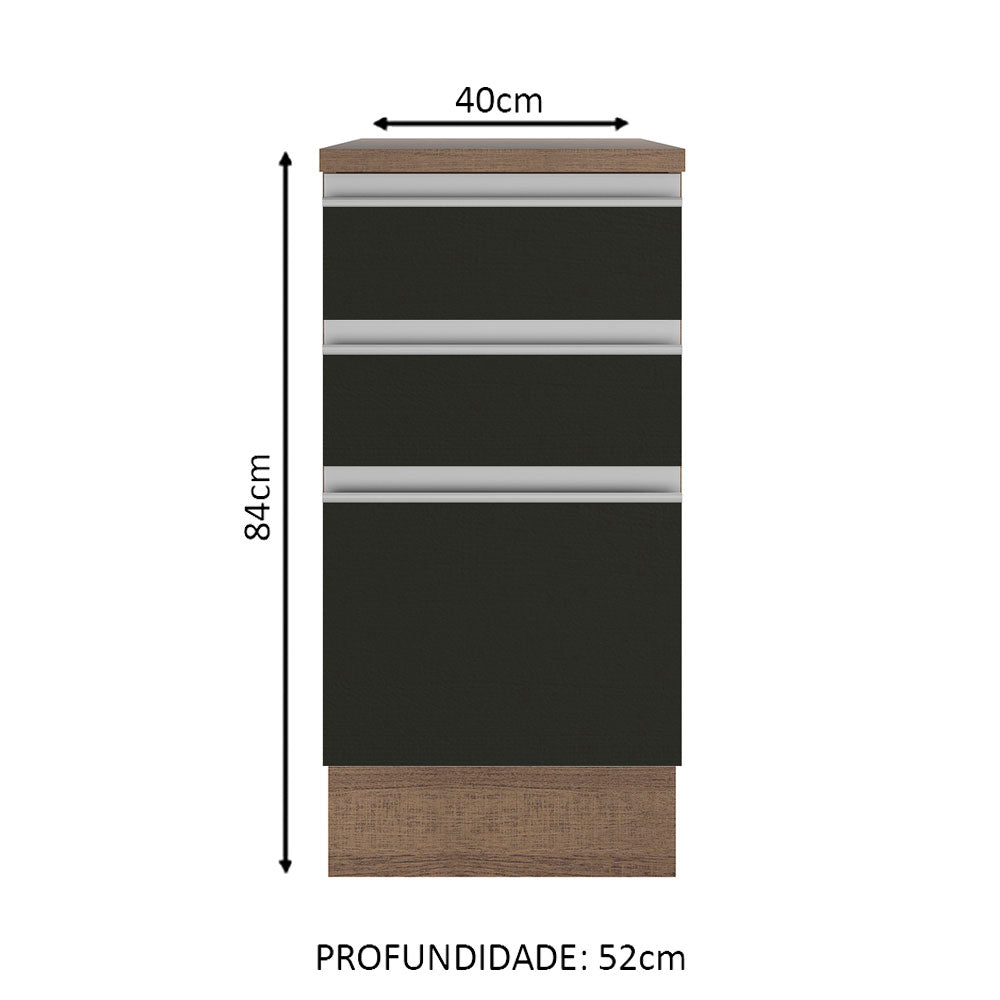 Balcão Madesa Glamy 40 cm 3 Gavetas Rustic/Preto