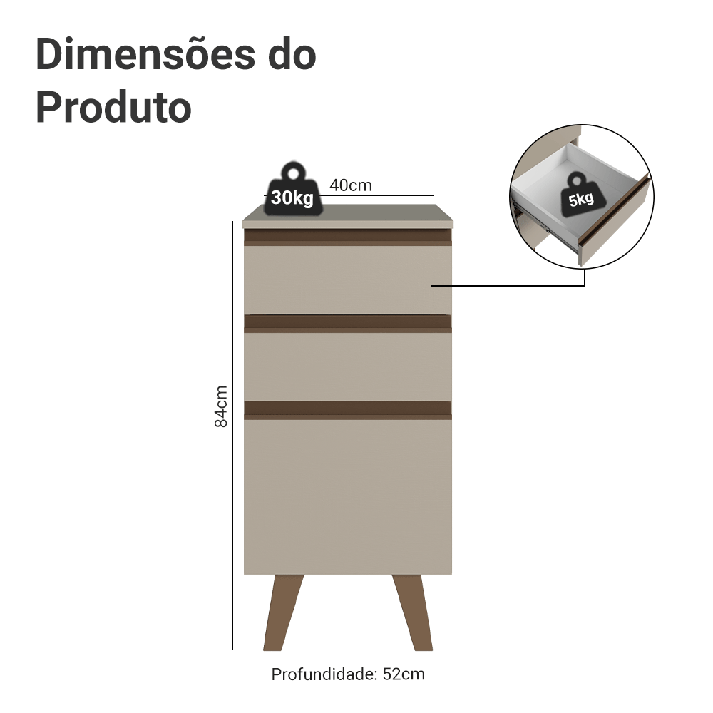 Balcão de Cozinha 40 cm 3 Gavetas Com Pés Crema Nice Madesa