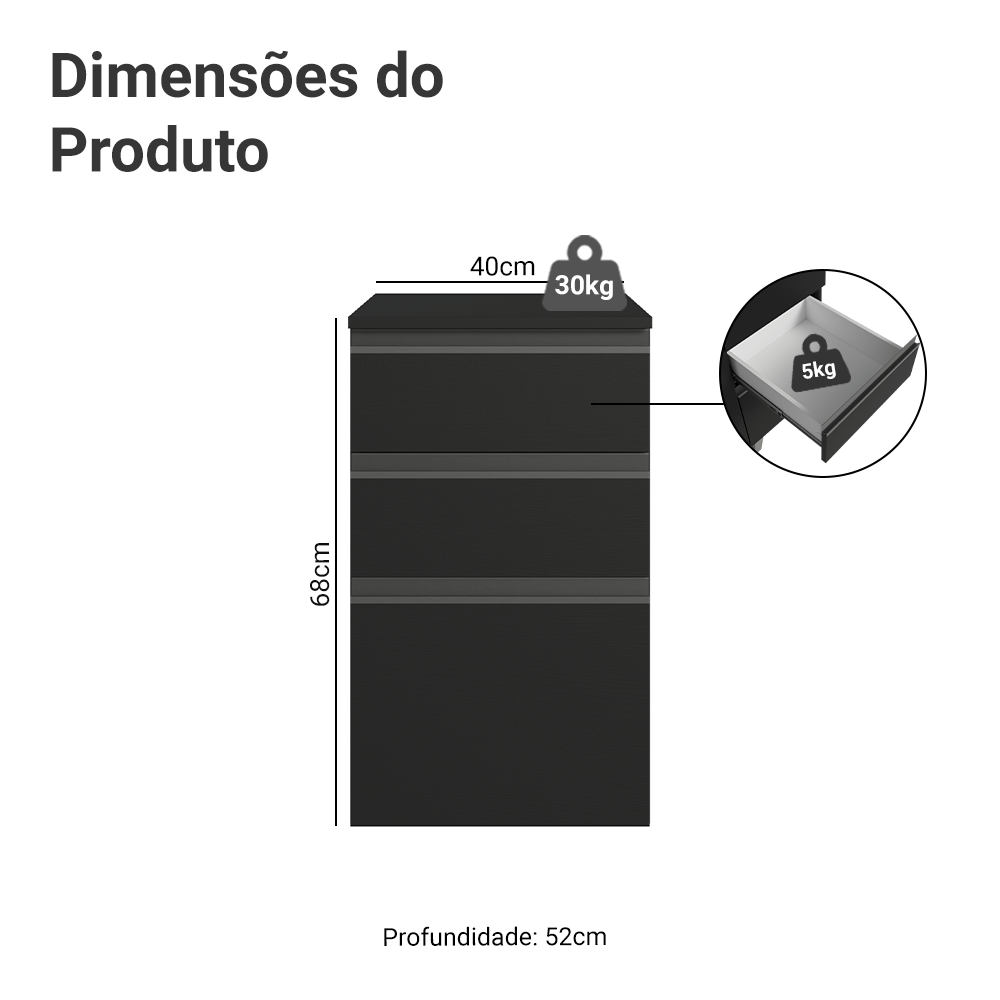 Balcão de Cozinha 40 cm 3 Gavetas Suspenso Preto Nice Madesa