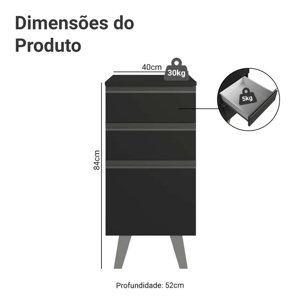 Balcão de Cozinha 40 cm 3 Gavetas Com Pés Preto Nice Madesa