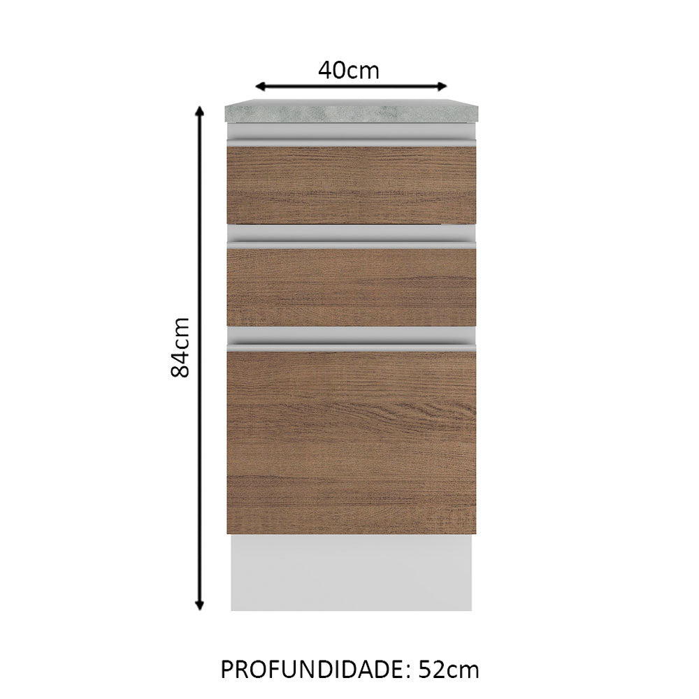 Balcão Madesa Glamy 40 cm 3 Gavetas Branco/Rustic