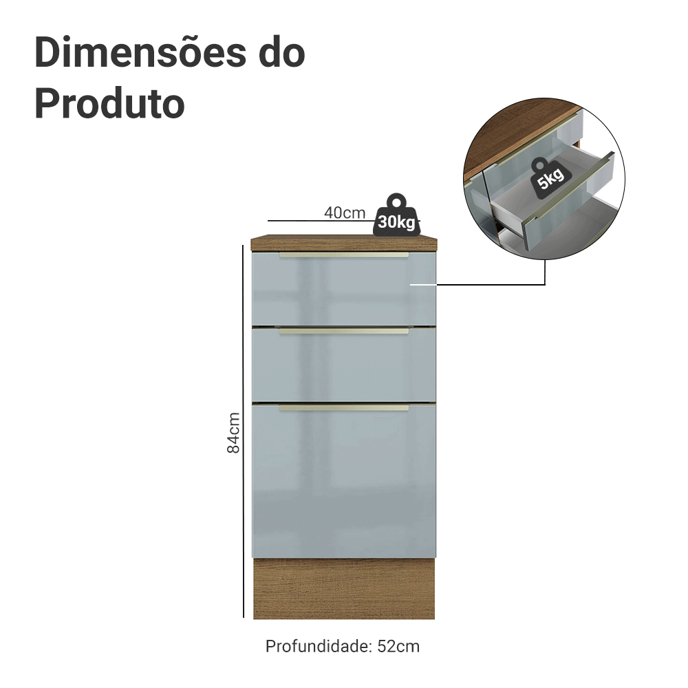 Balcão de Cozinha 40 cm 3 Gavetas Rustic/Cinza Lux Madesa