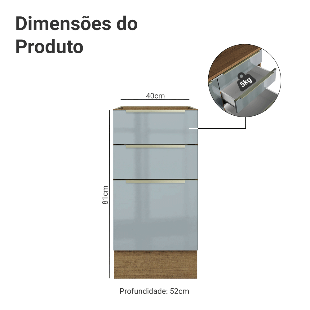 Balcão de Cozinha 40 cm 3 Gavetas (Sem Tampo) Rustic/Cinza Lux Madesa