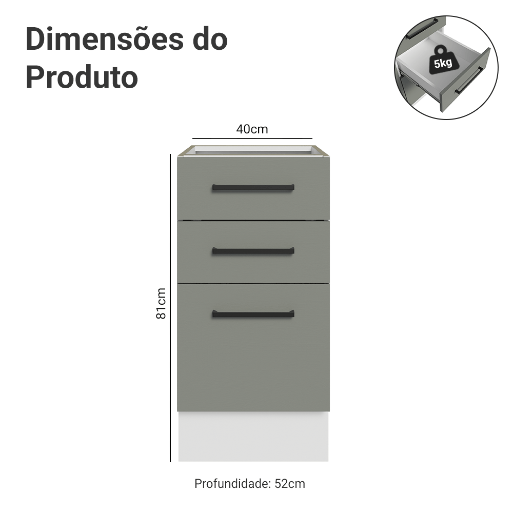 Balcão de Cozinha 40 cm 3 Gavetas (Sem Tampo) Branco/Cinza Agata Madesa