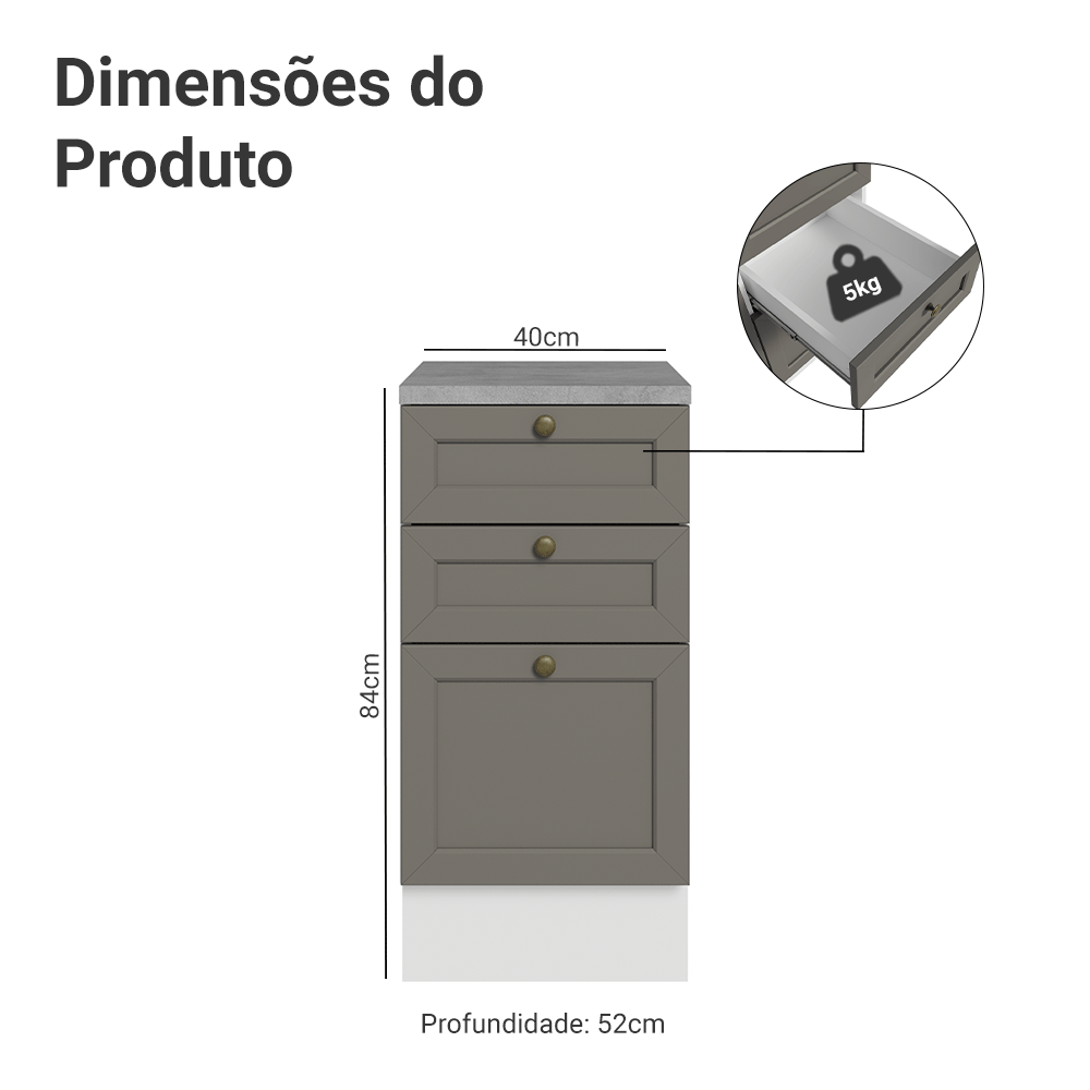 Balcão de Cozinha 40 cm 3 Gavetas Branco/Cinza Vik Madesa