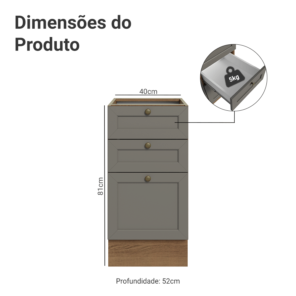Balcão de Cozinha 40 cm 3 Gavetas (Sem Tampo) Rustic/Cinza Vik Madesa
