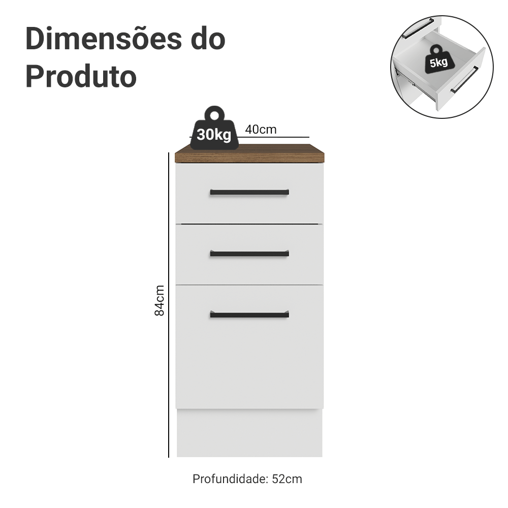 Balcão de Cozinha 40 cm 3 Gavetas Branco Tampo Rustic Agata Madesa