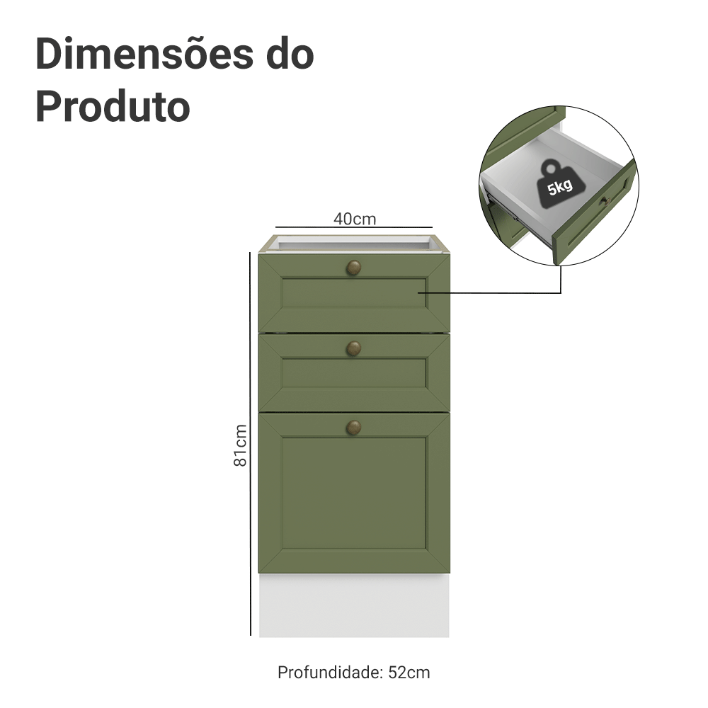 Balcão de Cozinha 40 cm 3 Gavetas (Sem Tampo) Branco/Verde Vik Madesa