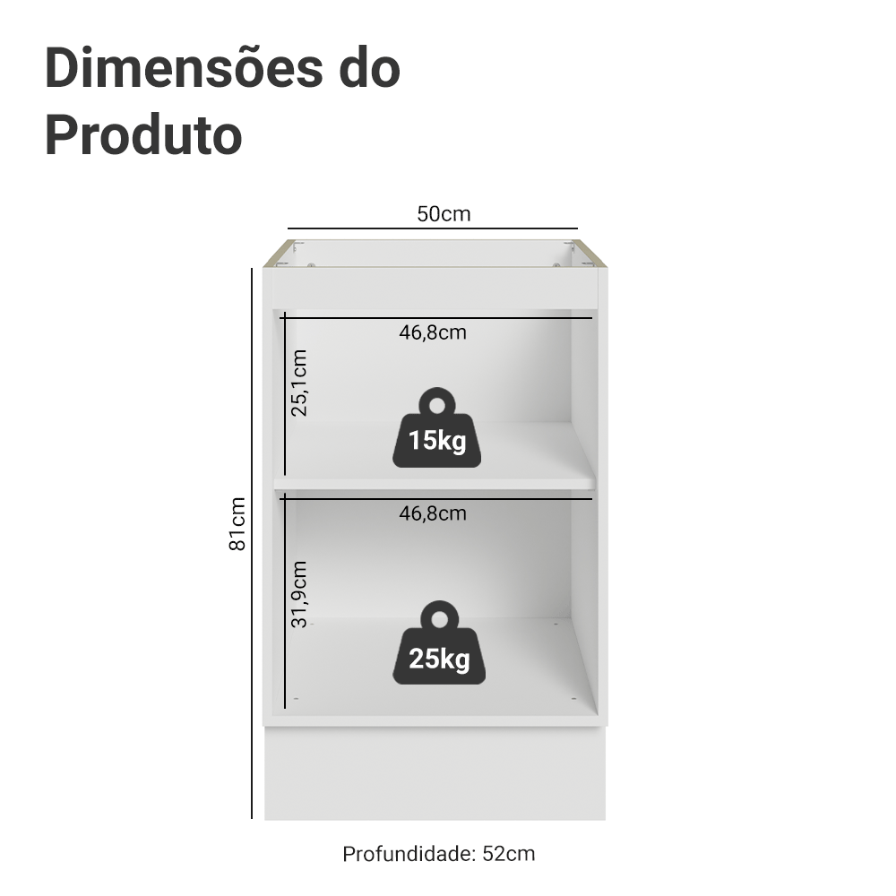 Balcão de Cozinha 50 cm 1 Porta (Sem Tampo) Branco/Preto Lux Madesa