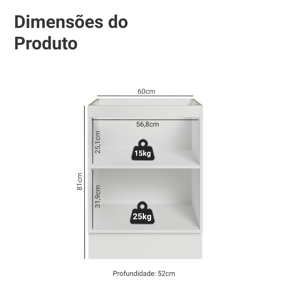Balcão de Cozinha 60 cm 1 Porta (Sem Tampo) Branco/Crema Vik Madesa