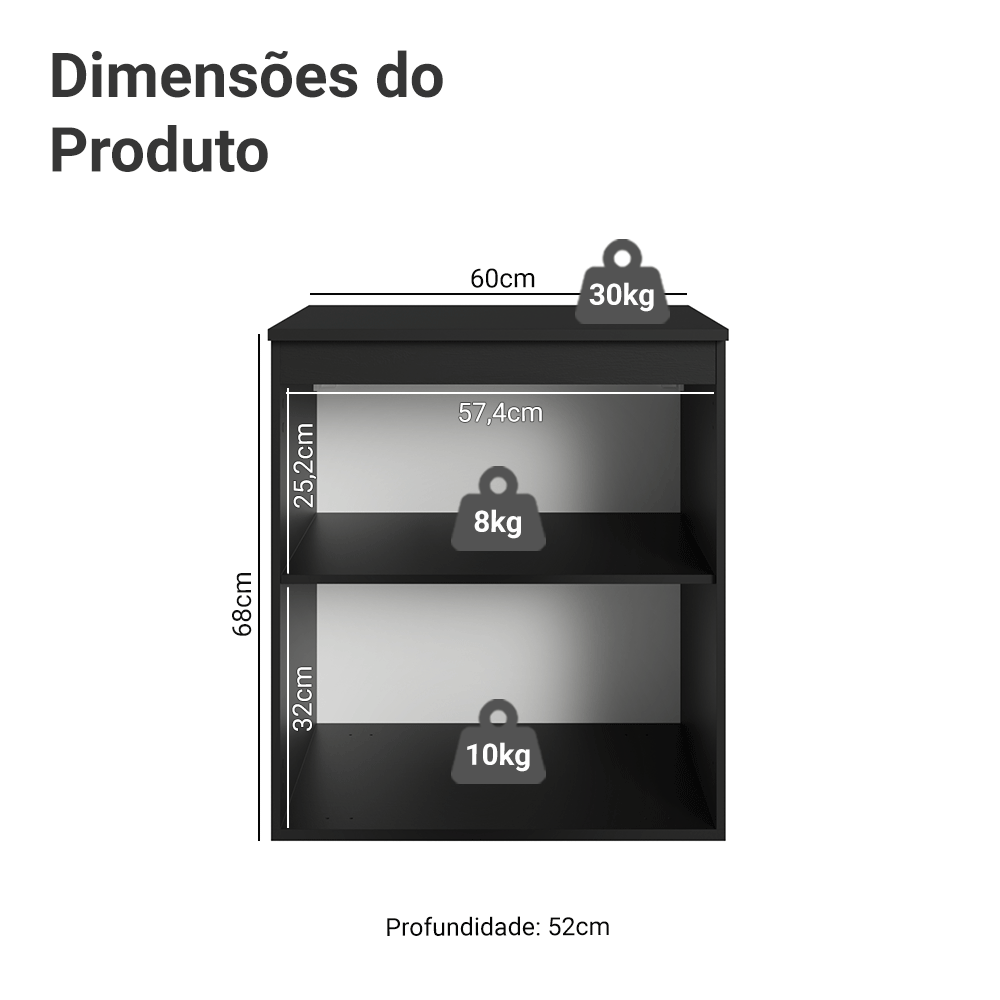 Balcão de Cozinha 60 cm 1 Porta Suspenso Preto Nice Madesa