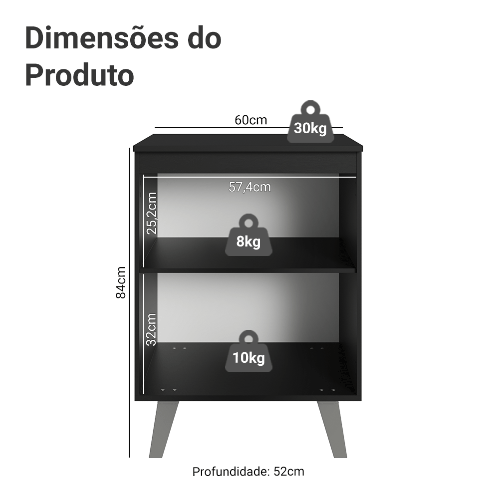 Balcão de Cozinha 60 cm 1 Porta Com Pés Preto Nice Madesa