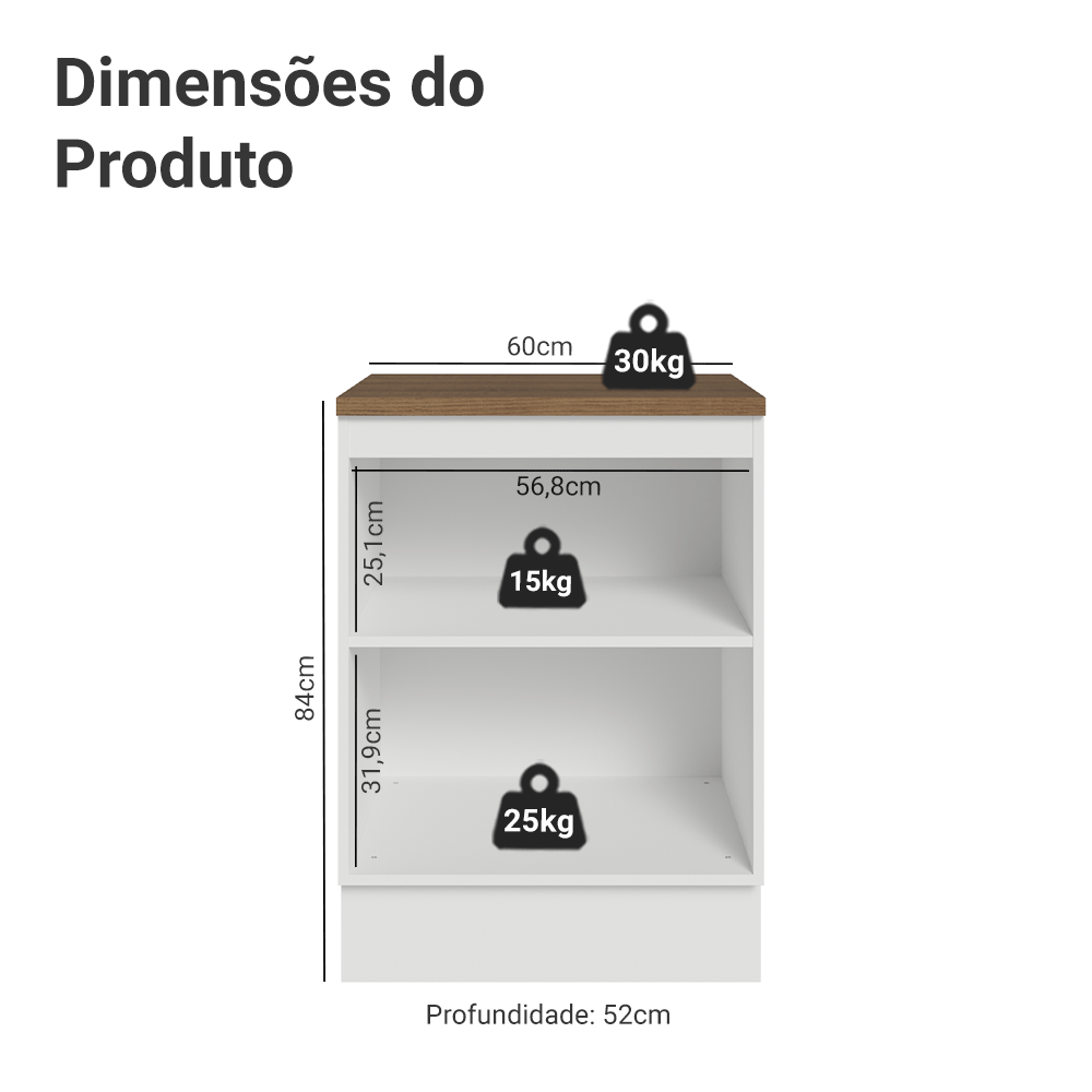 Balcão de Cozinha 60 cm 1 Porta Branco Tampo Rustic Agata Madesa
