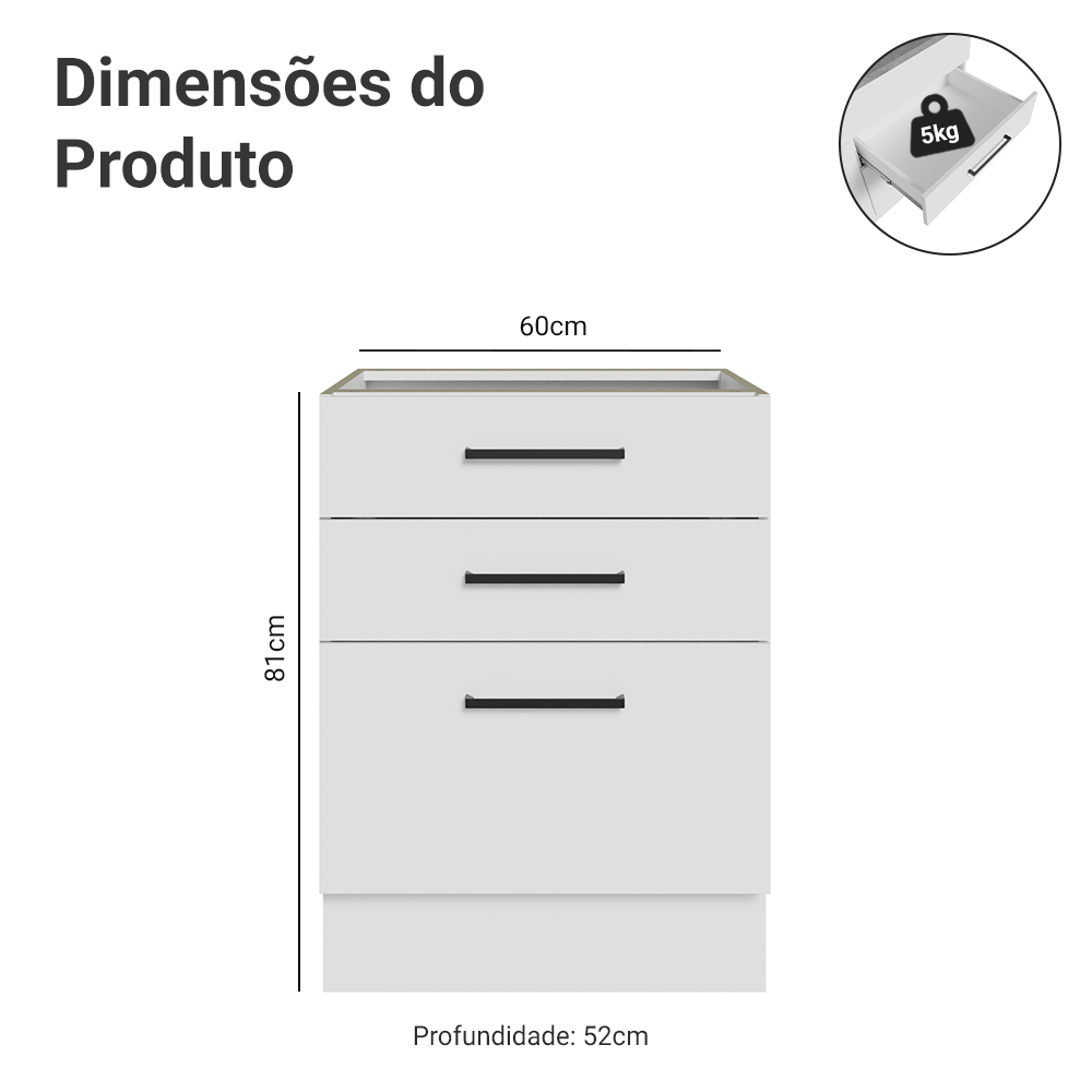 Balcão de Cozinha 60 cm 3 Gavetas (Sem Tampo) Branco Agata Madesa