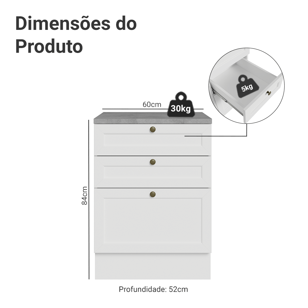 Balcão de Cozinha 60 cm 3 Gavetas Branco Vik Madesa
