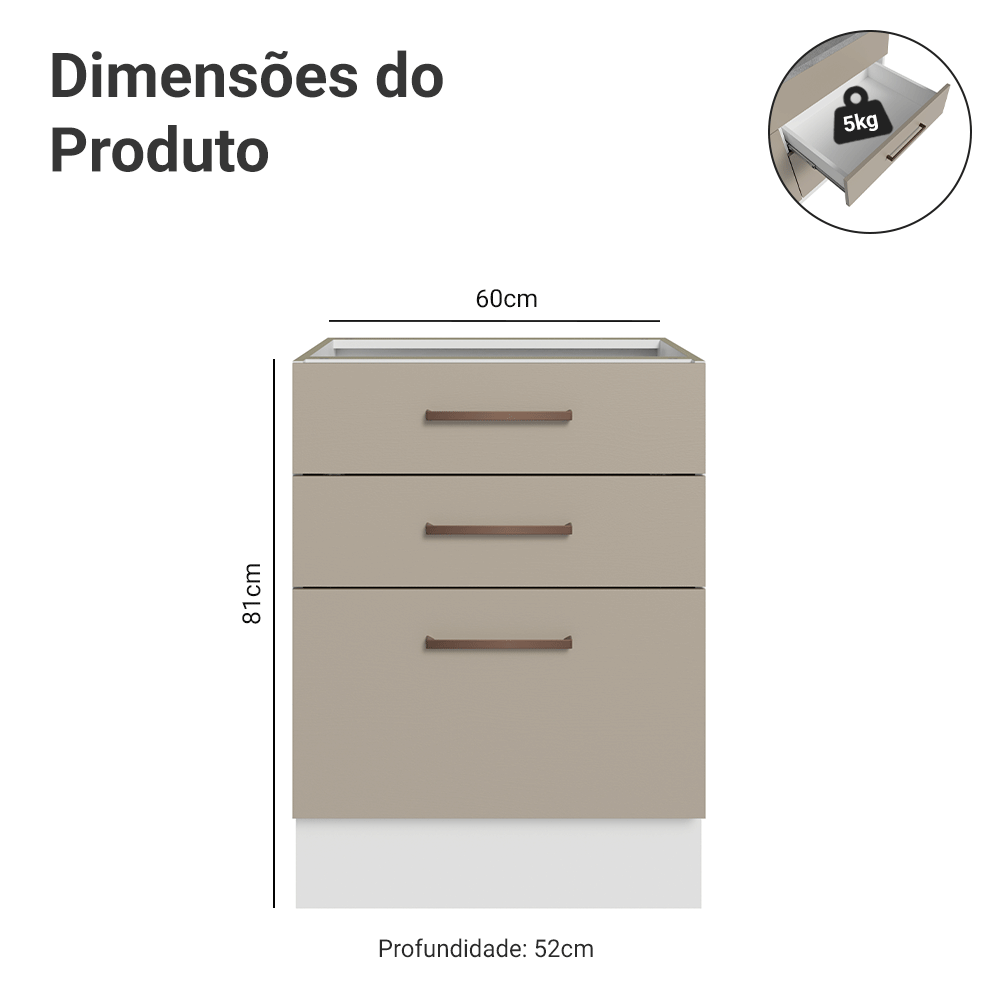 Balcão de Cozinha 60 cm 3 Gavetas (Sem Tampo) Branco/Crema Agata Madesa