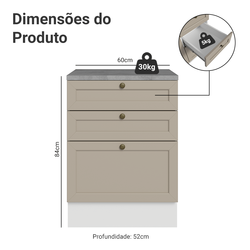 Balcão de Cozinha 60 cm 3 Gavetas Branco/Crema Vik Madesa