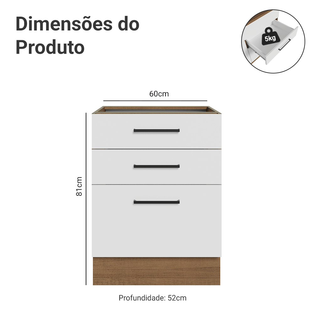 Balcão de Cozinha 60 cm 3 Gavetas (Sem Tampo) Rustic/Branco Agata Madesa