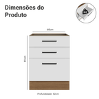 Balcão de Cozinha 60 cm 3 Gavetas (Sem Tampo) Rustic/Branco Agata Madesa