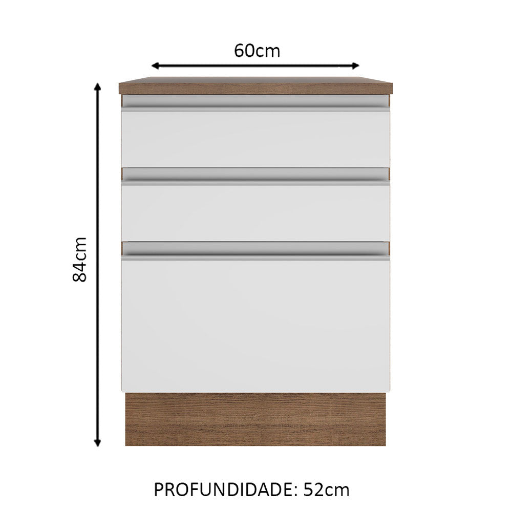 Balcão Madesa Glamy 60 cm 3 Gavetas Rustic/Branco