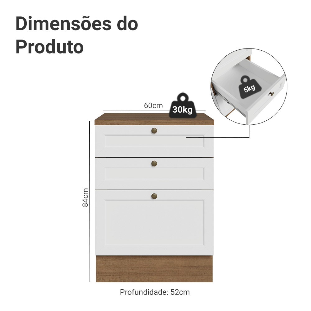 Balcão de Cozinha 60 cm 3 Gavetas Rustic/Branco Vik Madesa