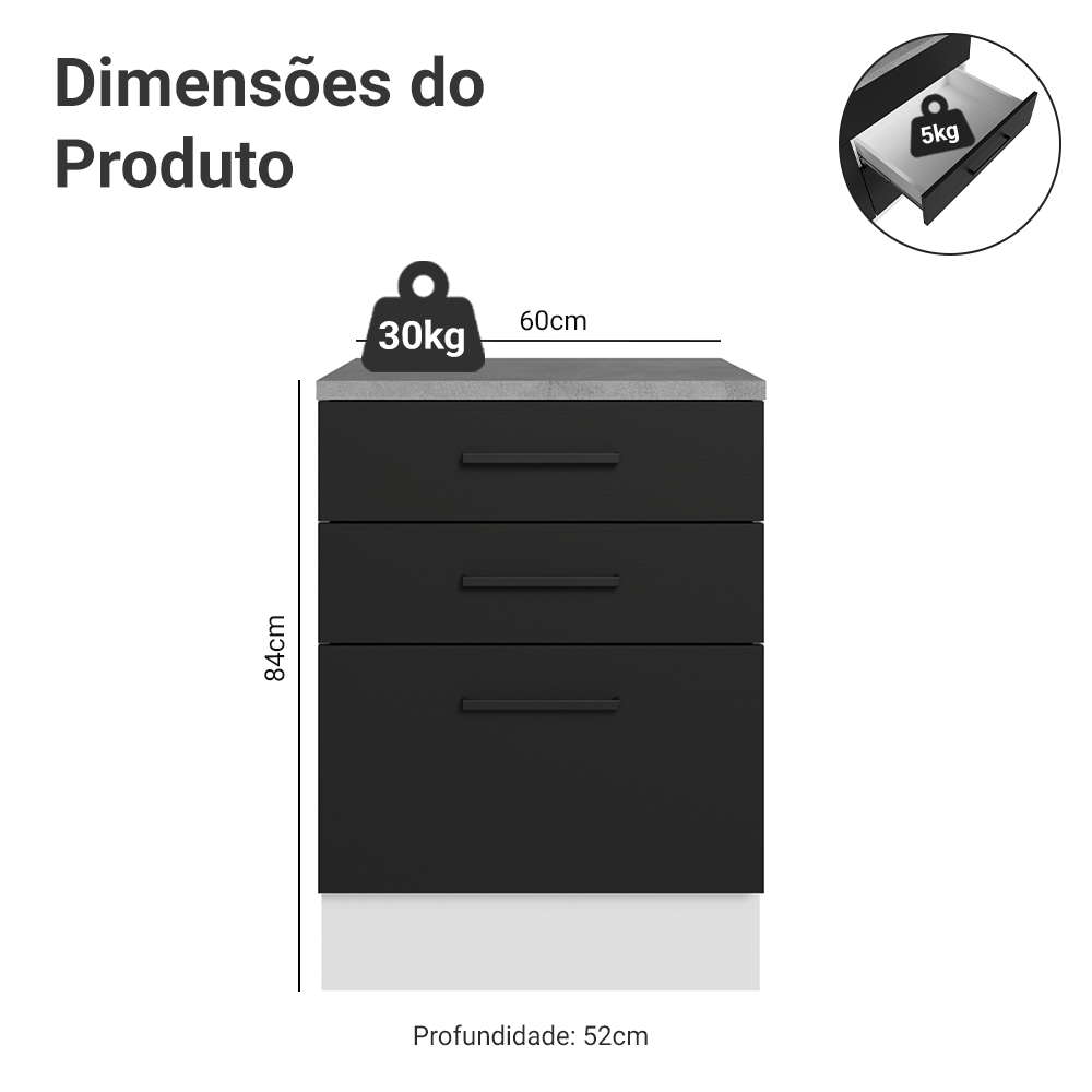 Balcão Madesa Agata 60 cm 3 Gavetas Branco/Preto