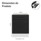 Balcão de Cozinha 60 cm 3 Gavetas (Sem Tampo) Branco/Preto Agata Madesa