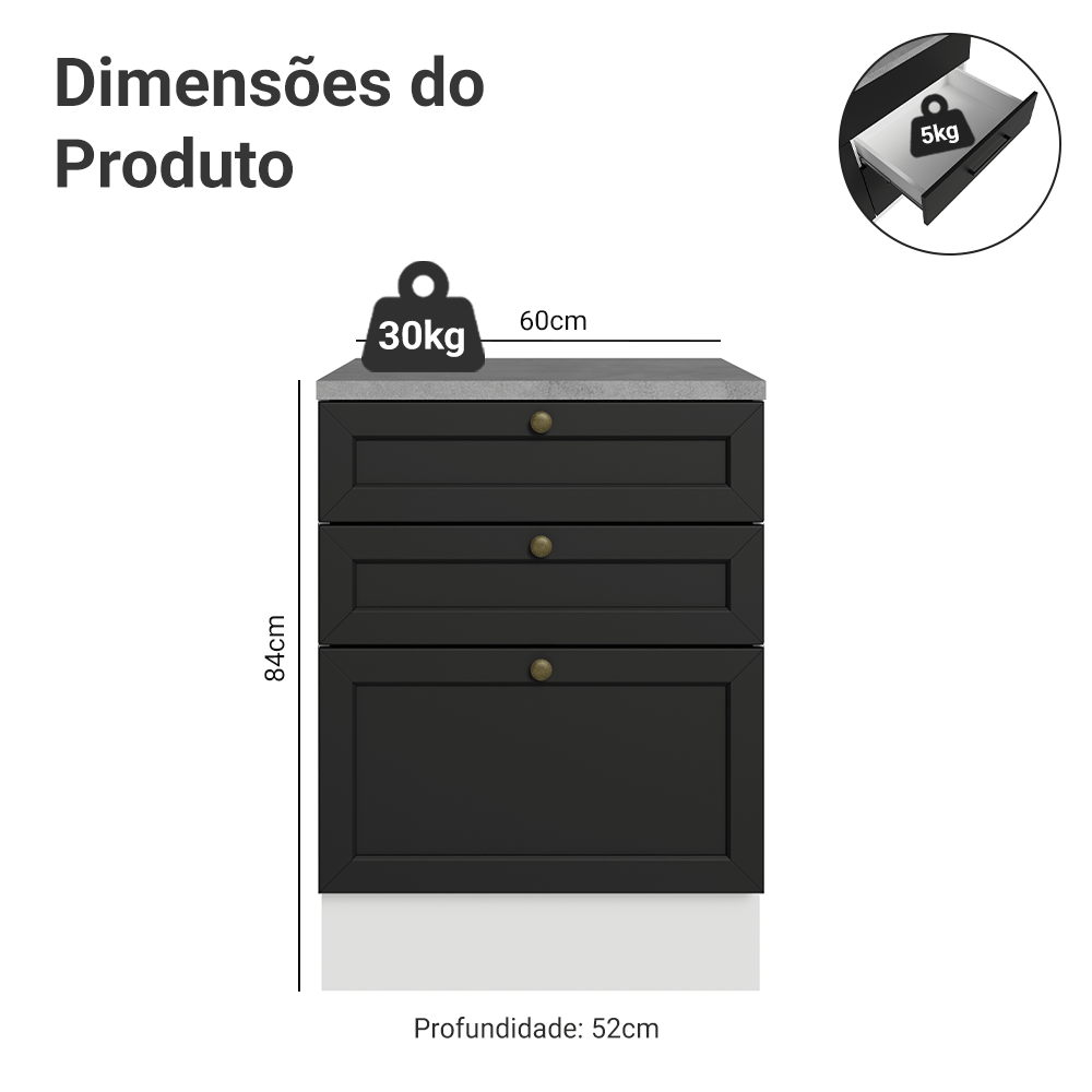 Balcão de Cozinha 60 cm 3 Gavetas Branco/Preto Vik Madesa