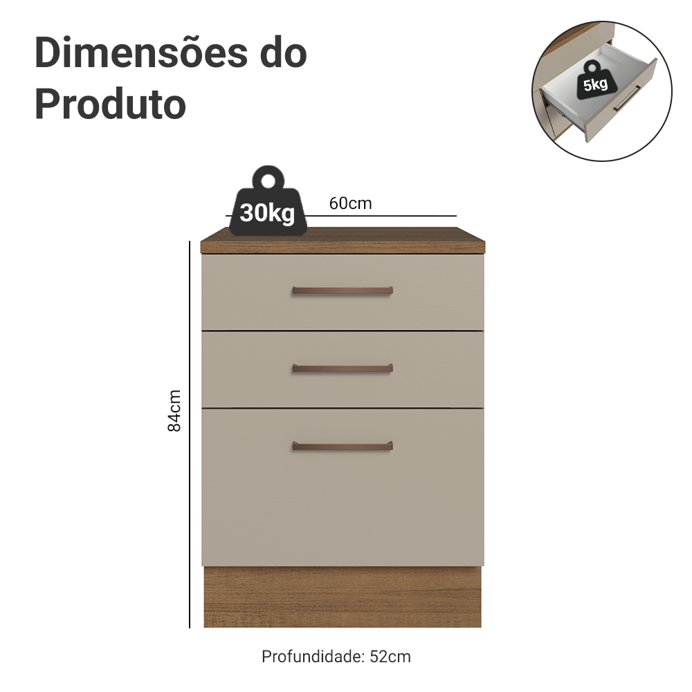 Balcão 60 cm 3 Gavetas Rustic/Crema Agata Madesa