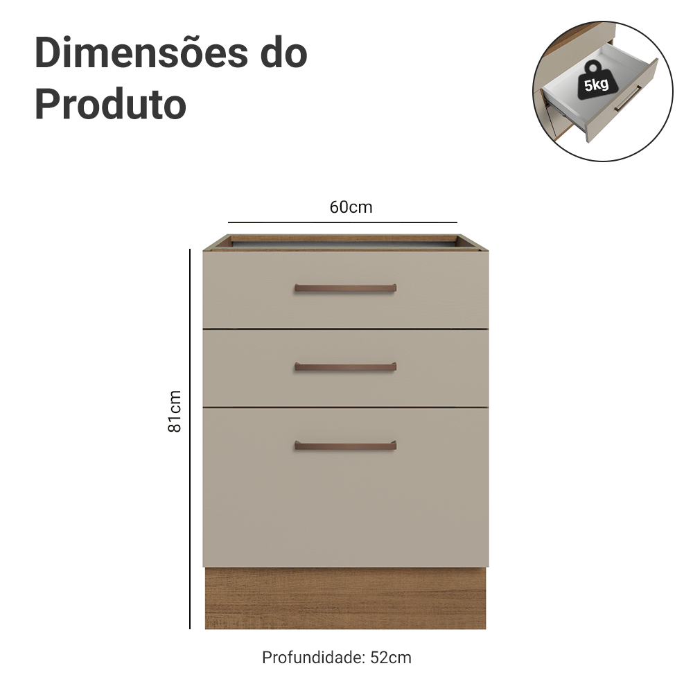 Balcão de Cozinha 60 cm 3 Gavetas (Sem Tampo) Rustic/Crema Agata Madesa