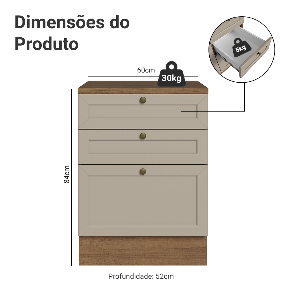 Balcão de Cozinha 60 cm 3 Gavetas Rustic/Crema Vik Madesa