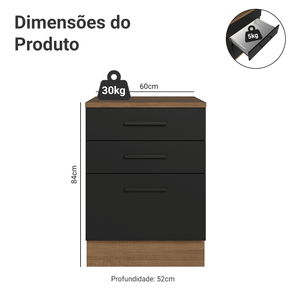 Balcão Madesa Agata 60 cm 3 Gavetas Rustic/Preto