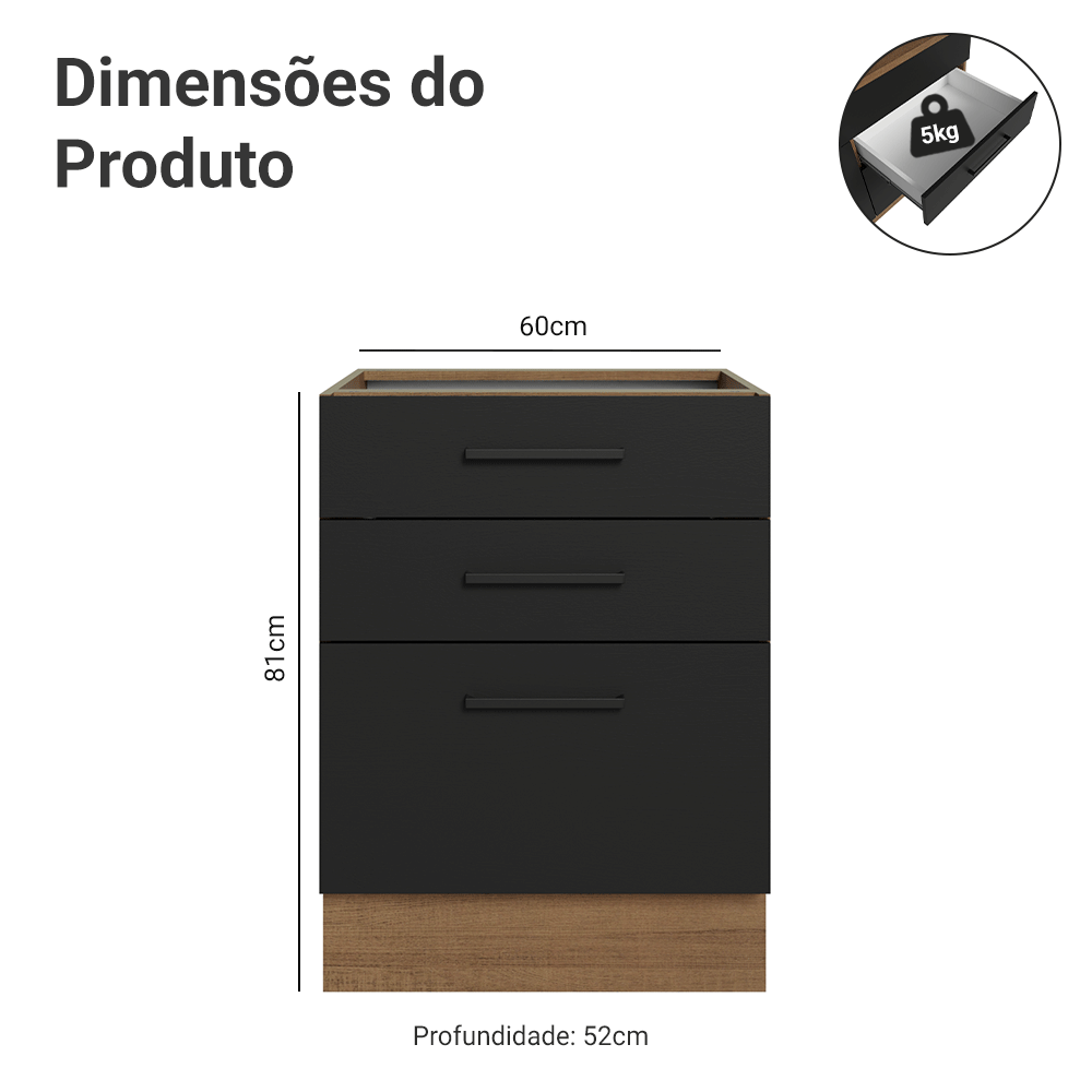 Balcão de Cozinha 60 cm 3 Gavetas (Sem Tampo) Rustic/Preto Agata Madesa